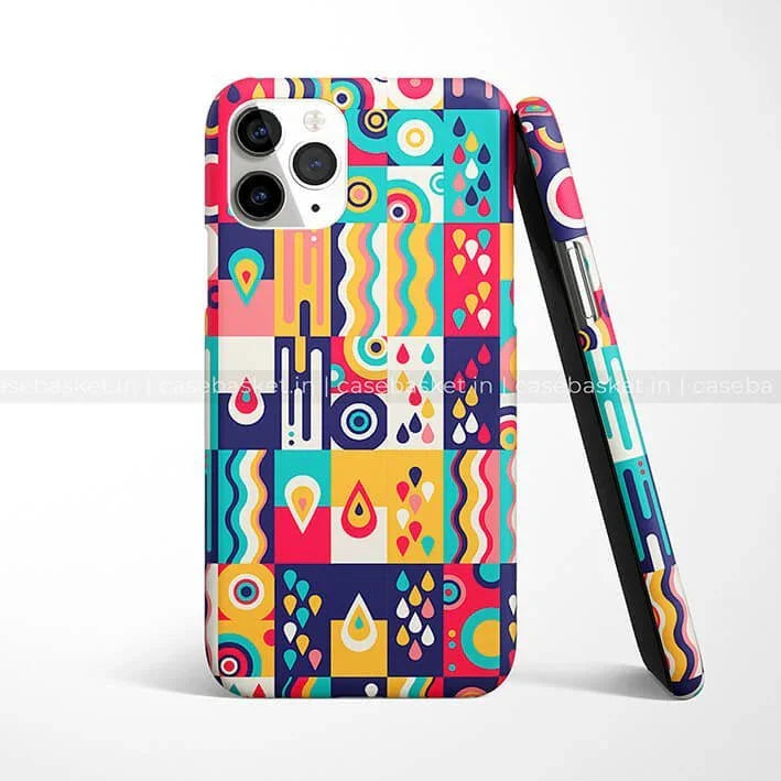 Colorful abstract geometric phone case with vibrant patterns and wavy lines for iPhone.