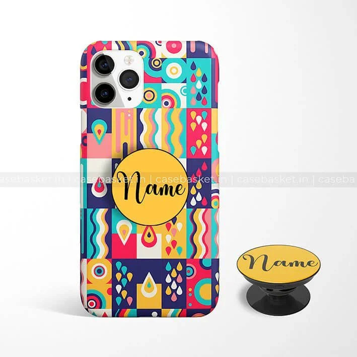 Colorful geometric patterned phone case with customizable text and matching phone grip