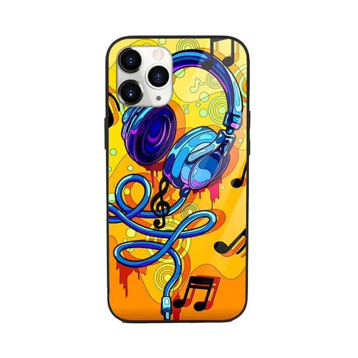 Pop art phone case with blue headphones, music notes, and yellow background for iPhone.
