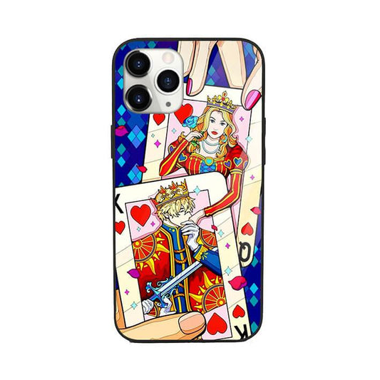 Colorful pop art phone case with King and Queen playing card design, blue heart pattern background
