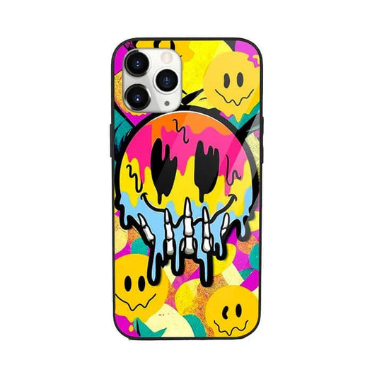 Pop art phone case with colorful melting smiley face and yellow smiley backgrounds