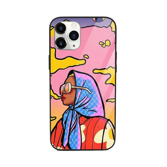 Pop art phone case with a woman in sunglasses and blue scarf on a pink and yellow abstract background