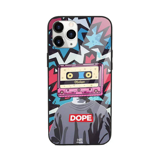 Pop art phone case with mixtape cassette head, graffiti background, and 'DOPE' text design