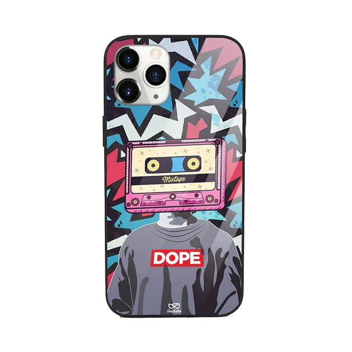 Pop art phone case with mixtape cassette head, graffiti background, and 'DOPE' text design