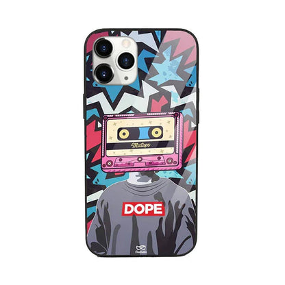 Pop art phone case with mixtape cassette head, graffiti background, and 'DOPE' text design