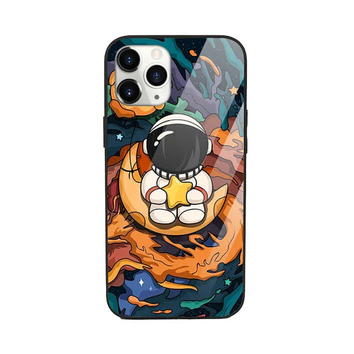 Colorful phone case with cartoon astronaut holding a star, sitting on a moon in space design