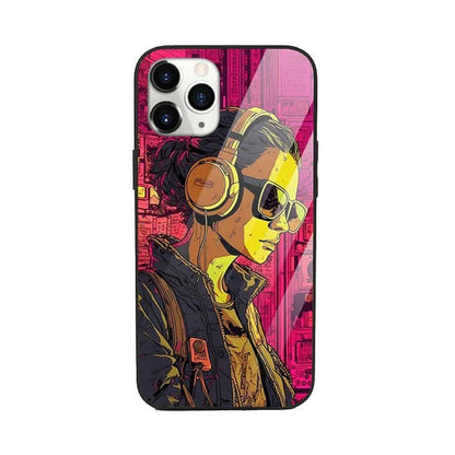 Pop art phone case with a colorful graphic of a woman wearing headphones and sunglasses