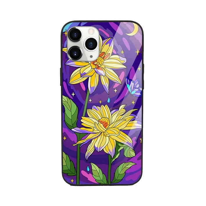 Pop art phone case with yellow flowers, green leaves, and a butterfly on a purple background