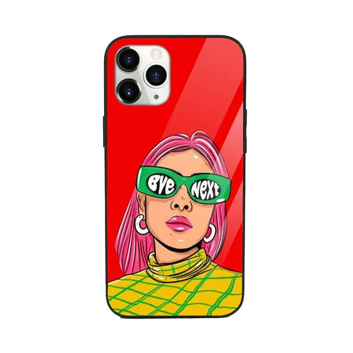 Pop art phone case with woman in green sunglasses, pink hair, red background, trendy design