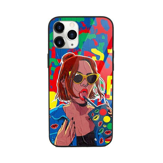 Colorful pop art phone case showing a woman with sunglasses drinking from a straw
