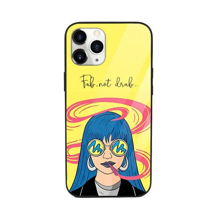 Pop art phone case with blue-haired woman, sunglasses, and 'Fab. not drab.' text on yellow