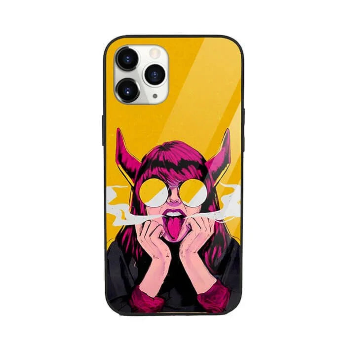 Pop art phone case with pink-haired devil girl, yellow sunglasses, and bold yellow background