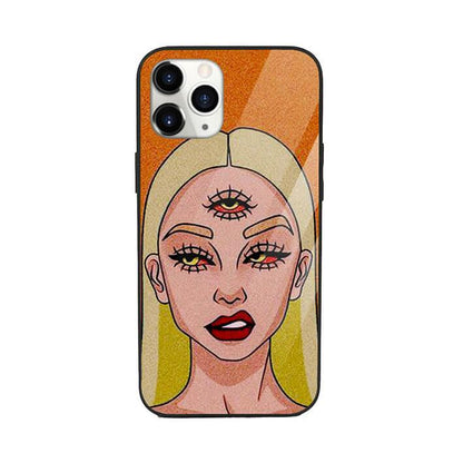 Pop art phone case with blonde woman and three eyes, colorful abstract design