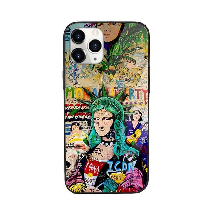 Colorful pop art phone case with cartoon collage, Statue of Liberty, Mona Lisa, and text graphics