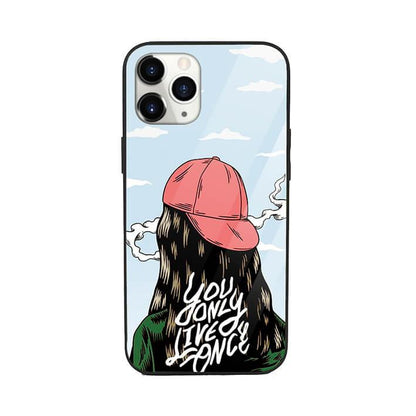 Pop art phone case with girl in red cap, clouds, and 'You Only Live Once' text design