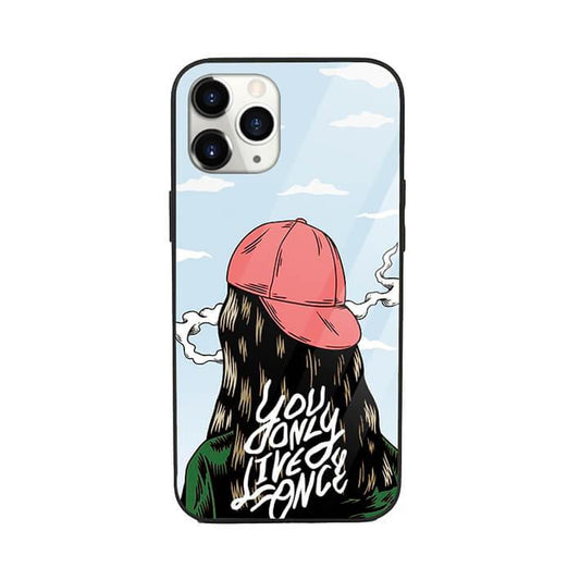 Pop art phone case with girl in red cap, clouds, and 'You Only Live Once' text design