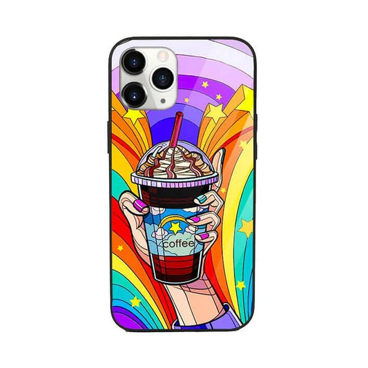 Pop art phone case with colorful hand holding coffee cup, rainbow and star design