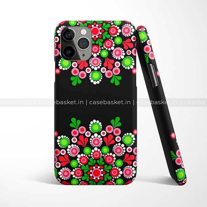 Black phone case with colorful pink, red, and green floral mandala dot pattern