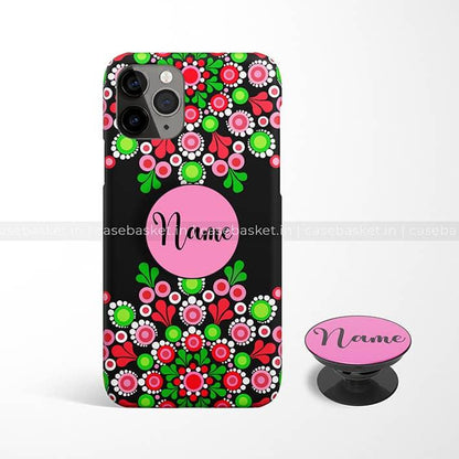 Black phone case with vibrant pink, red, and green dot mandala floral design, custom name in pink circle, matching pop socket