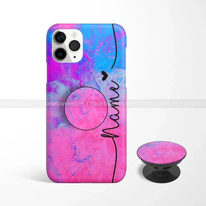 Pink and blue marble phone case with matching pop socket, handwritten 'Mami' design