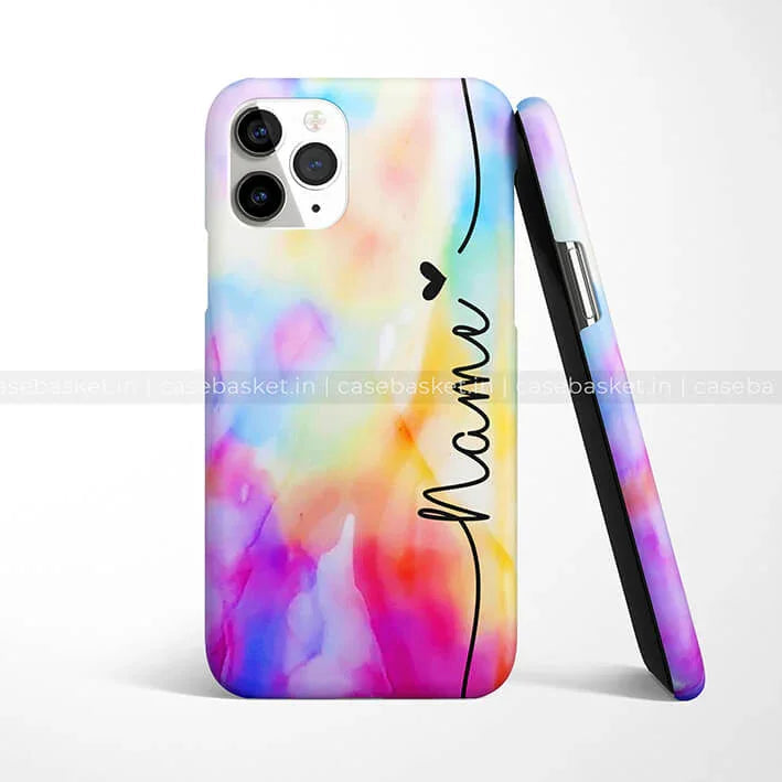Rainbow watercolor abstract phone case with customizable name text and heart design
