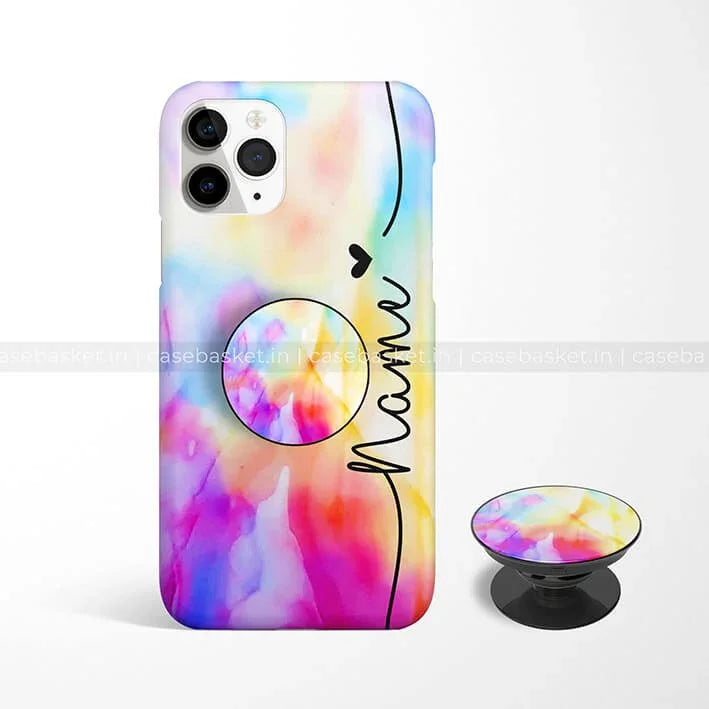 Rainbow abstract watercolor phone case with matching grip and customizable name text