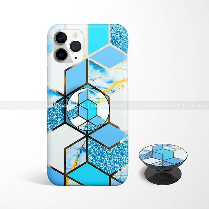Sky blue geometric pattern phone case and matching pop socket for iPhone
