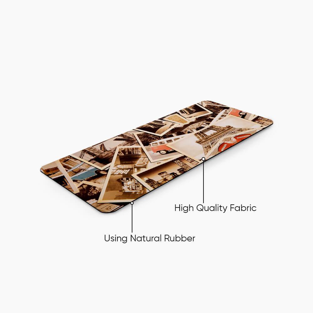 Vintage photo collage desk mat made with high quality fabric and natural rubber.