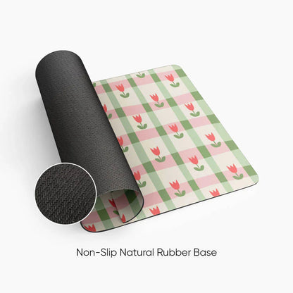 Non-slip desk mat with pink tulip and green plaid pattern, natural rubber base