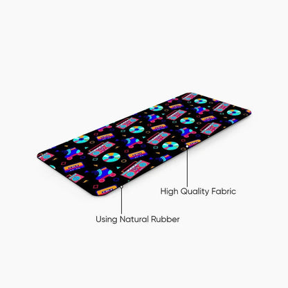 Colorful desk mat with vintage cassette, boombox, and geometric pattern, natural rubber base