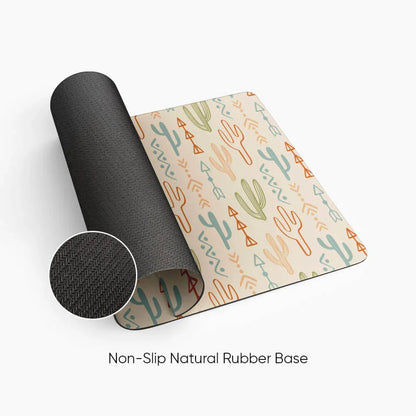 Desk mat with colorful cactus pattern and non-slip natural rubber base.