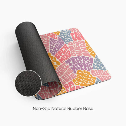 Colorful desk mat with retro text design and non-slip natural rubber base
