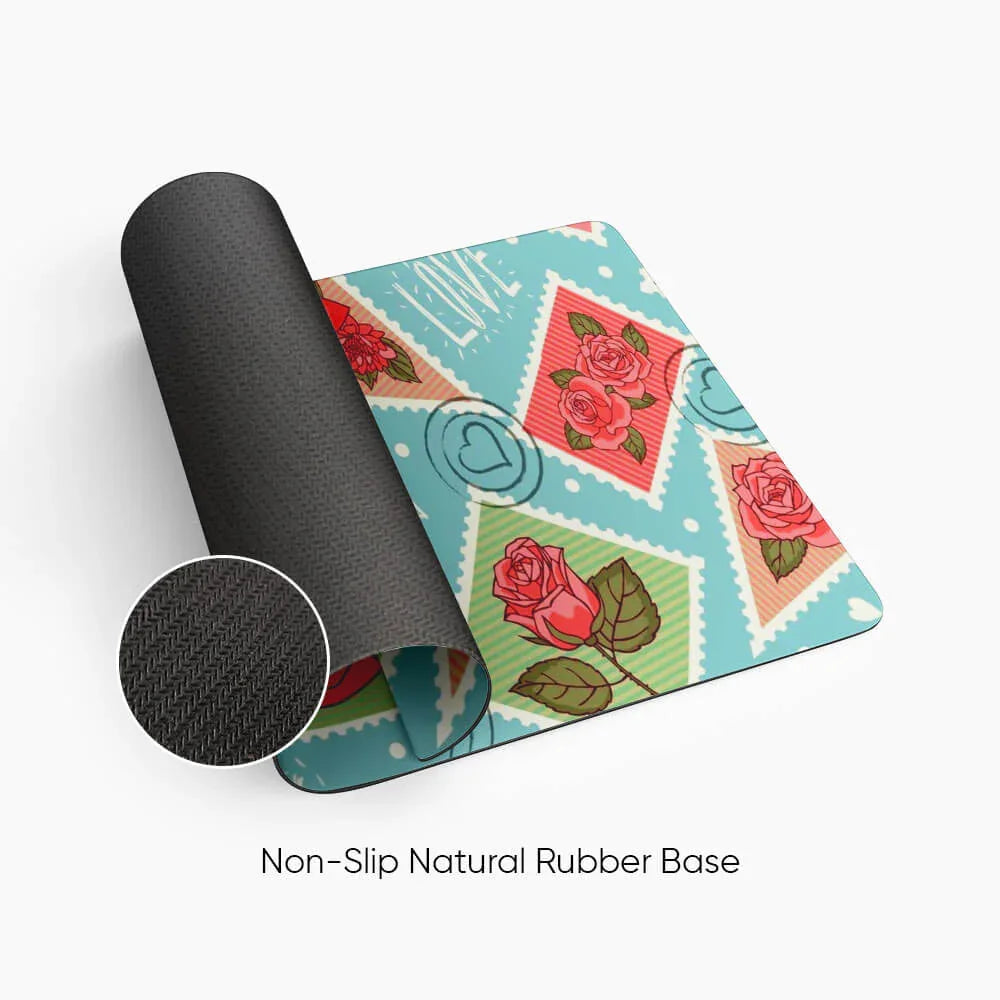 Colorful desk mat with rose and heart pattern, non-slip natural rubber base, floral design.