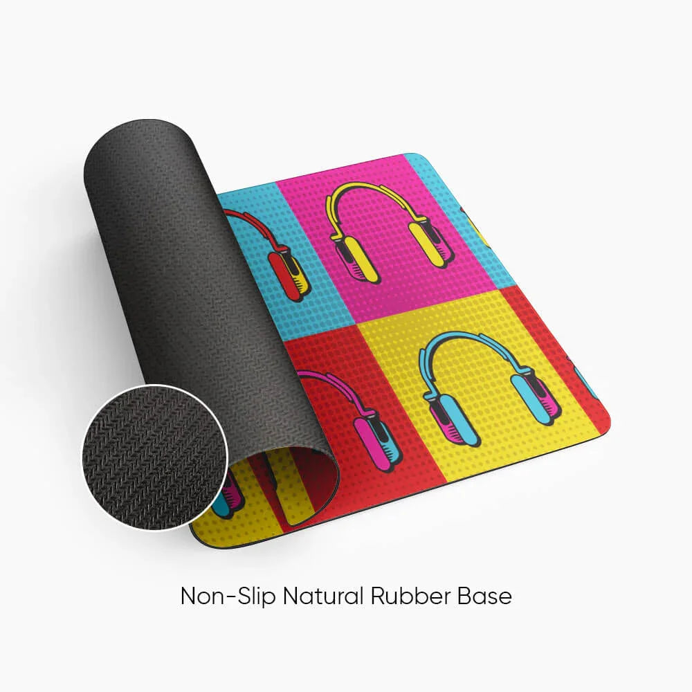 Colorful desk mat with pop art headphones design and non-slip natural rubber base