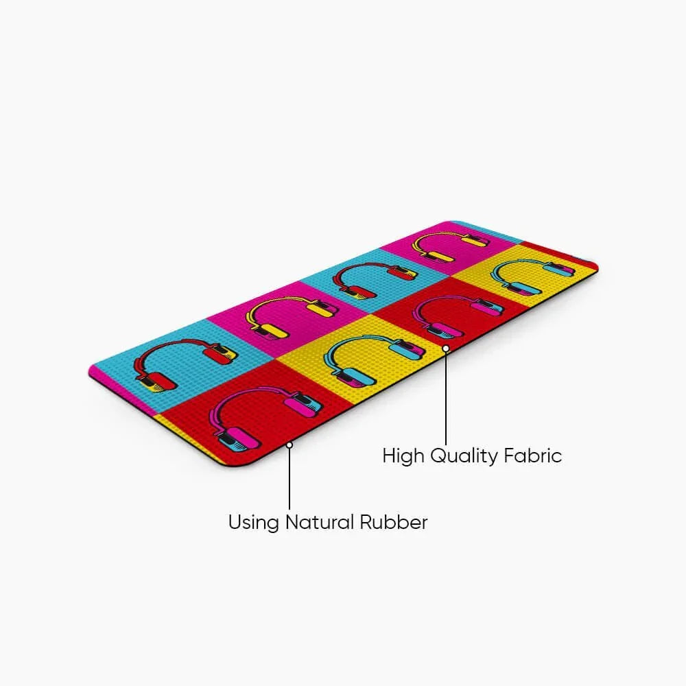 Colorful desk mat with pop art headphone pattern, natural rubber base, high quality fabric