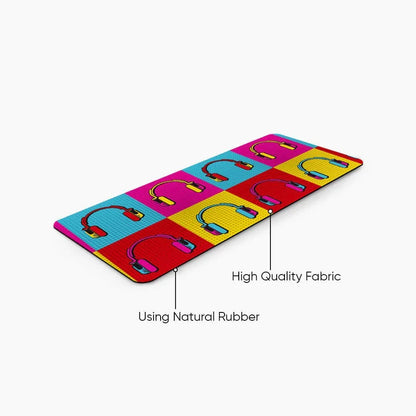 Colorful desk mat with pop art headphone pattern, natural rubber base, high quality fabric