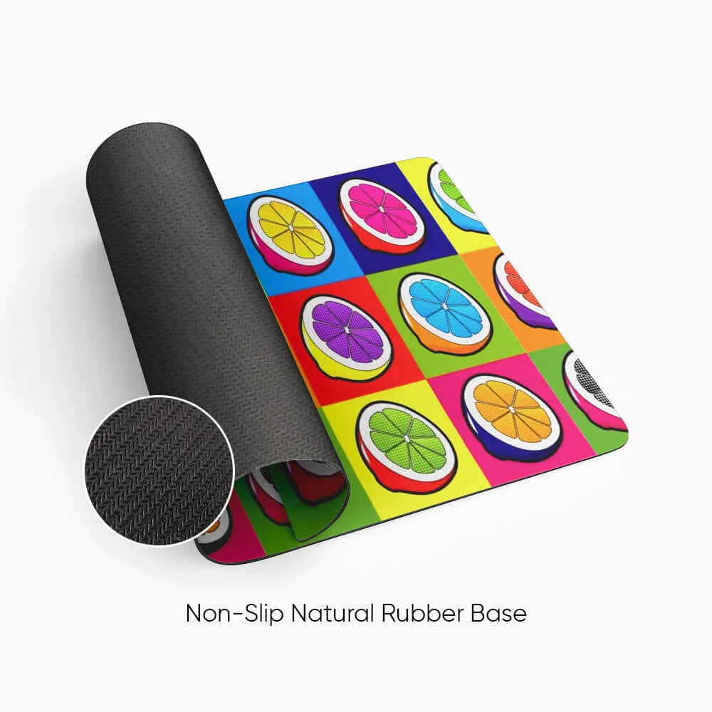 Colorful desk mat with citrus fruit pattern and non-slip natural rubber base