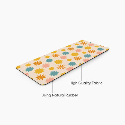 Floral desk mat with high quality fabric and natural rubber base, pastel colors, rectangular