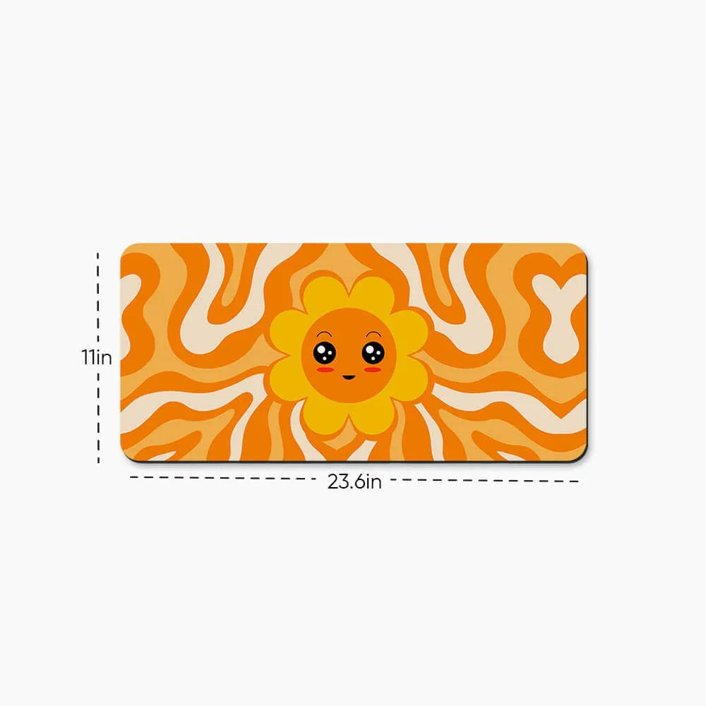 Cute orange desk mat with a smiling flower, wavy pattern, 23.6 x 11 inches