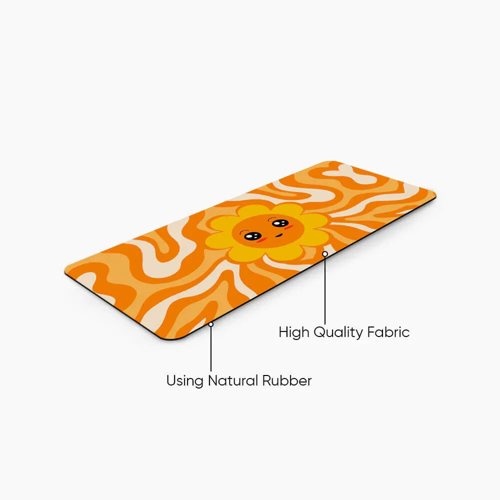 Orange desk mat with cute smiling flower design, made of high quality fabric and natural rubber.