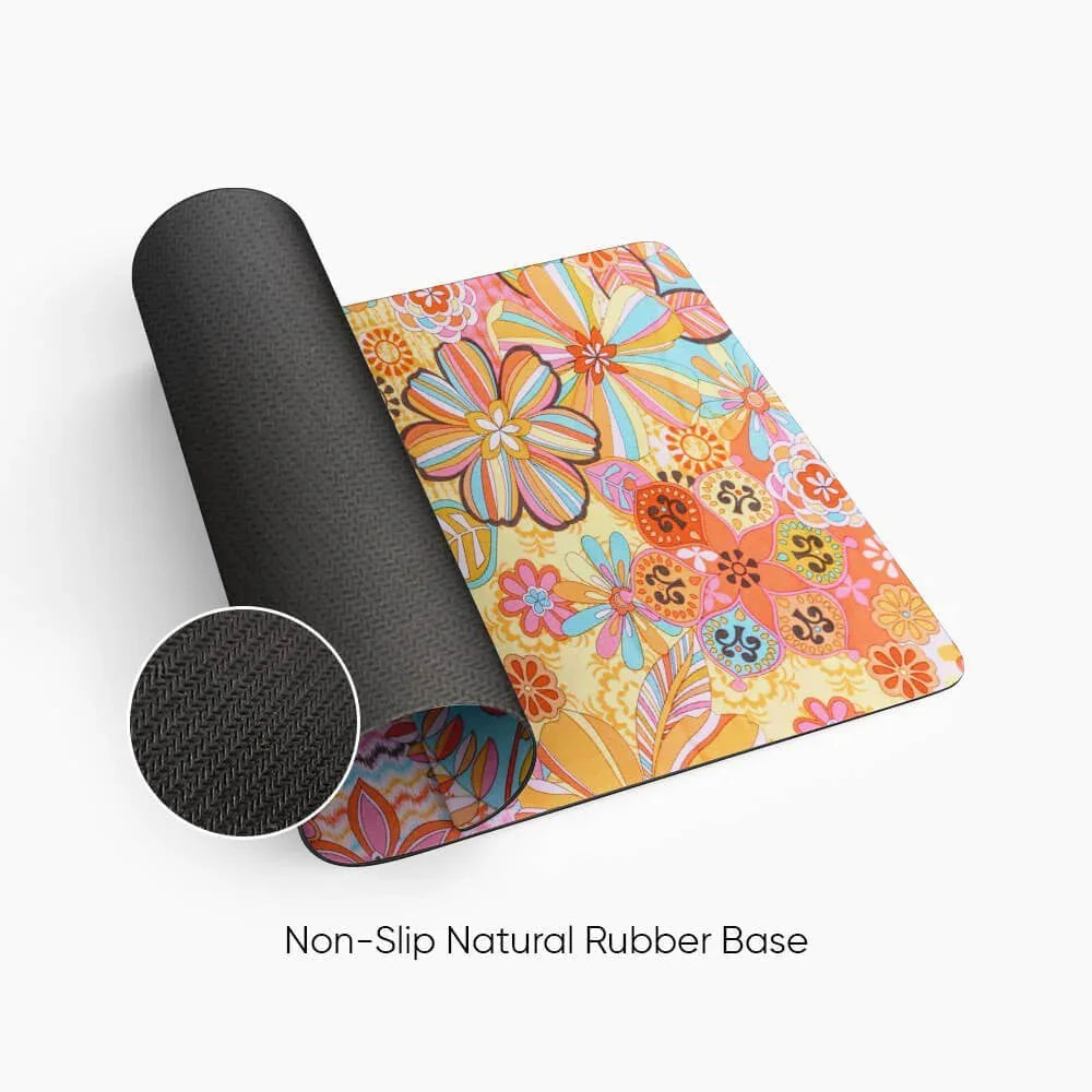 Colorful floral desk mat with non-slip natural rubber base, close-up texture view