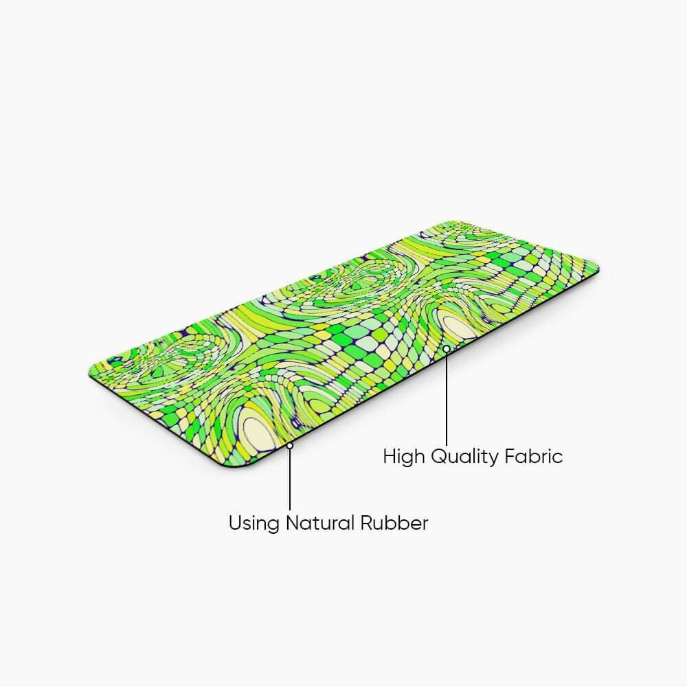Colorful desk mat with green and yellow abstract patterns, made of high quality fabric and natural rubber.