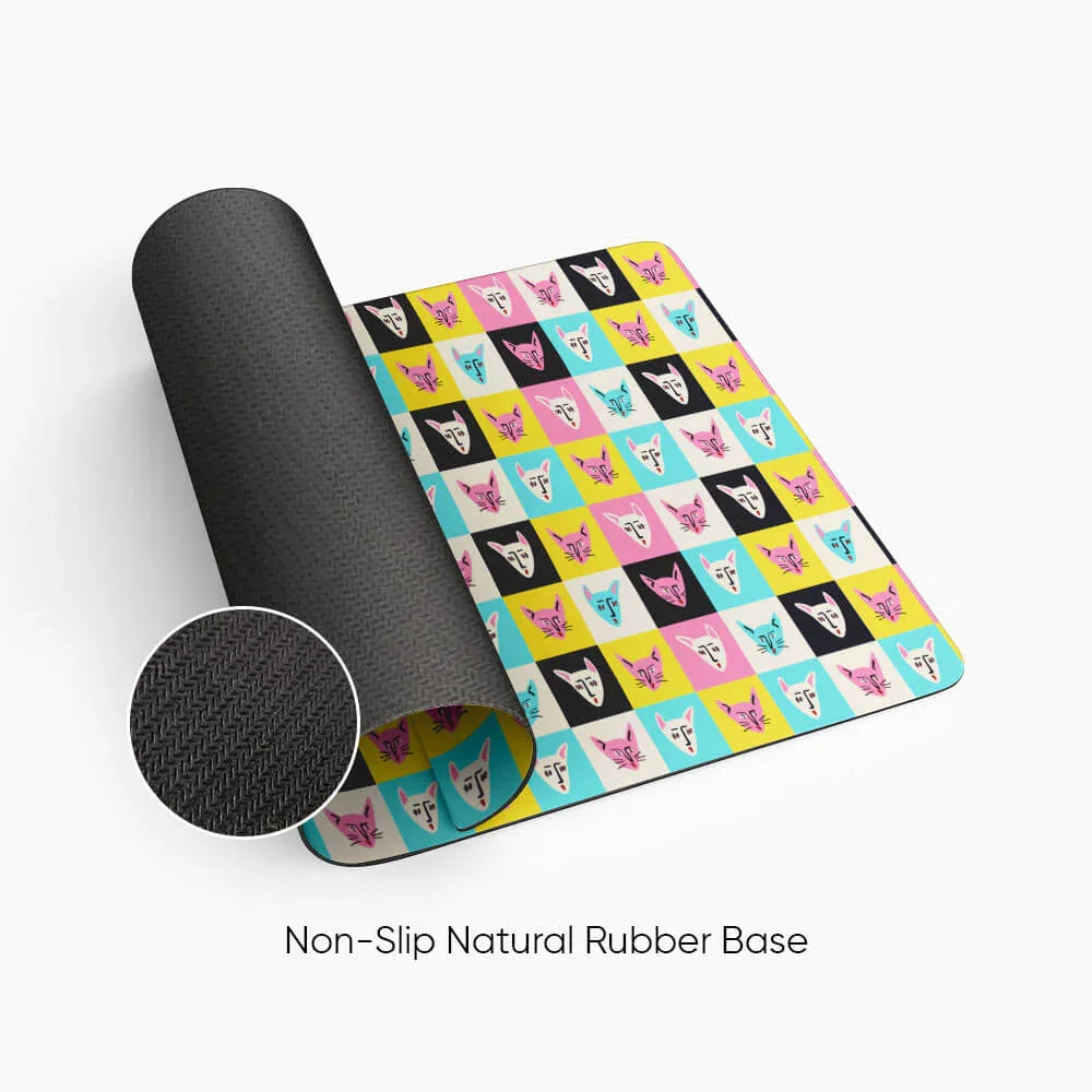 Colorful desk mat with cat and mask pattern, non-slip natural rubber base