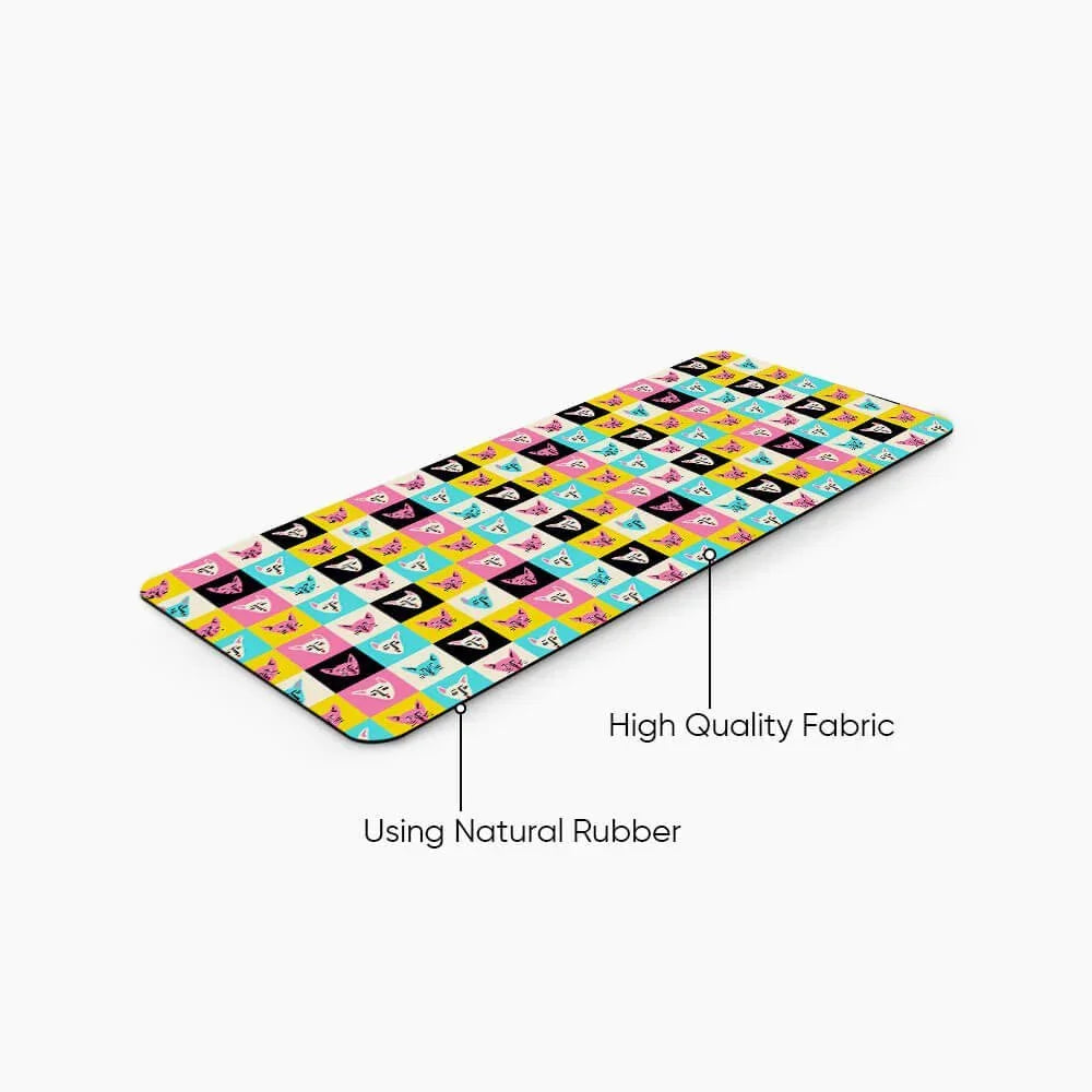 Colorful desk mat with geometric print, high quality fabric, natural rubber base