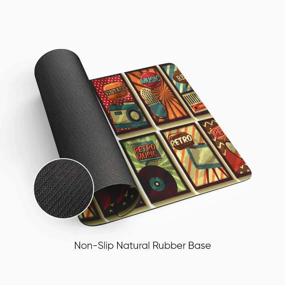Retro music print desk mat with non-slip natural rubber base, vintage design, colorful patterns