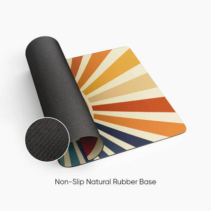 Desk mat with retro sunburst design and non-slip natural rubber base, close-up texture inset
