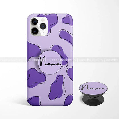Purple abstract pattern phone case and matching pop socket with customizable name text