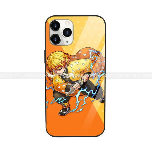Anime phone case with yellow-haired character wielding sword and lightning on orange background