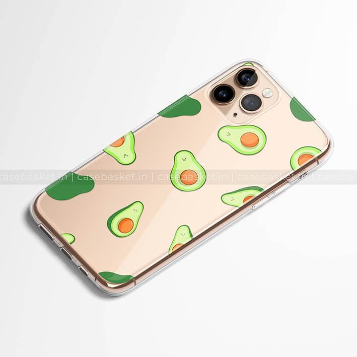 Transparent phone case with cute avocado pattern on a gold smartphone