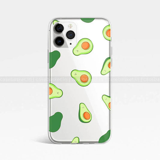 Clear phone case with cute avocado pattern for iPhone, fun fruit phone cover design